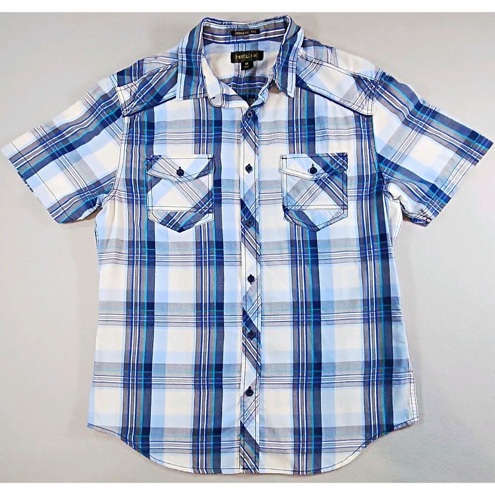 Helix Men's M Blue White Gray Plaid Athletic Fit Short Sleeve Button-Up Pockets